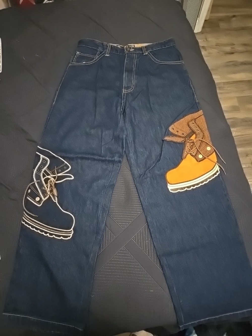Vintage Raw Blue Men's Navy Blue Denim Jeans with Boot Patches Size 34x32
